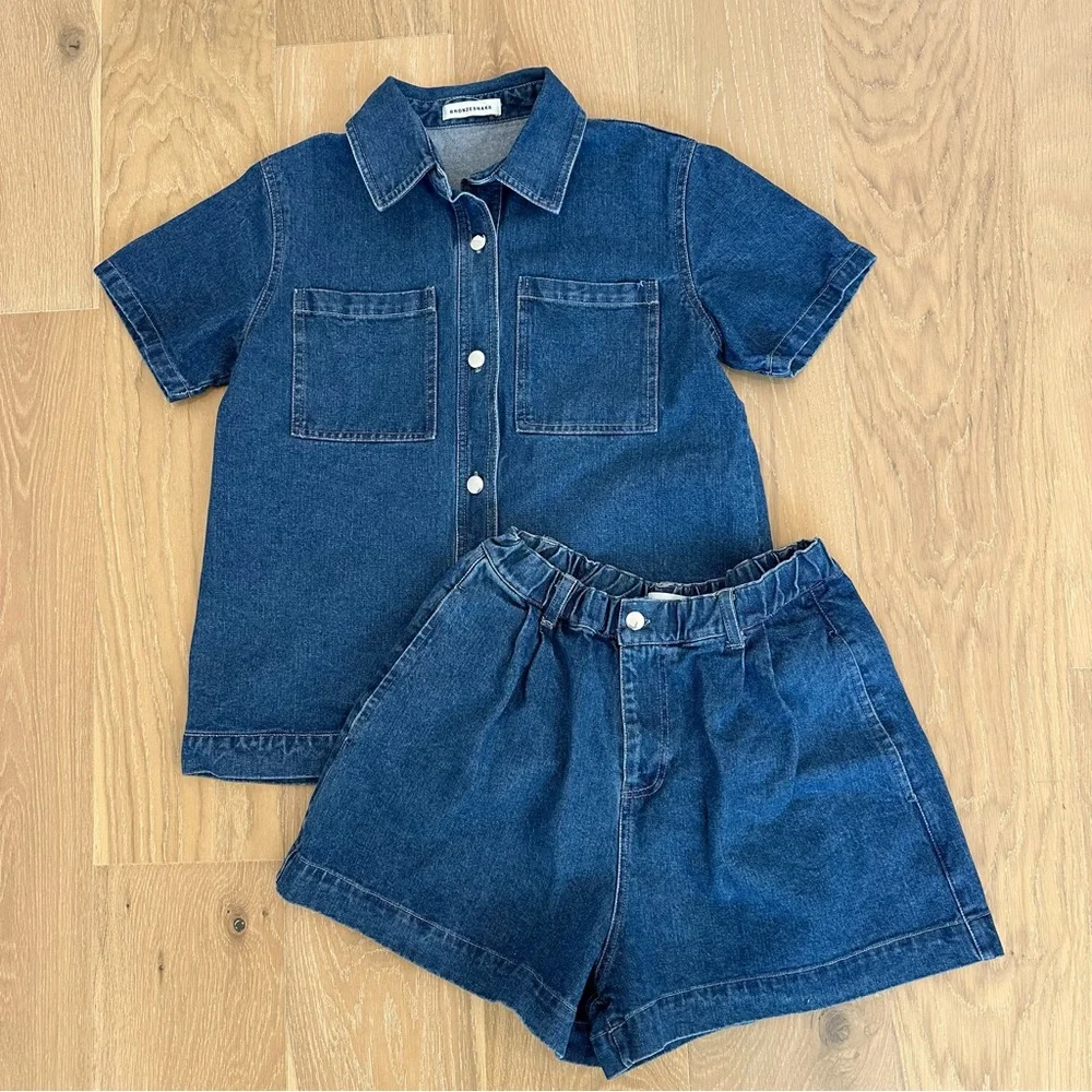 The Bronze Snake Delaney Denim Set Dark Blue Short Sleeve Jean Top Shorts Coord - Picture 2 of 14